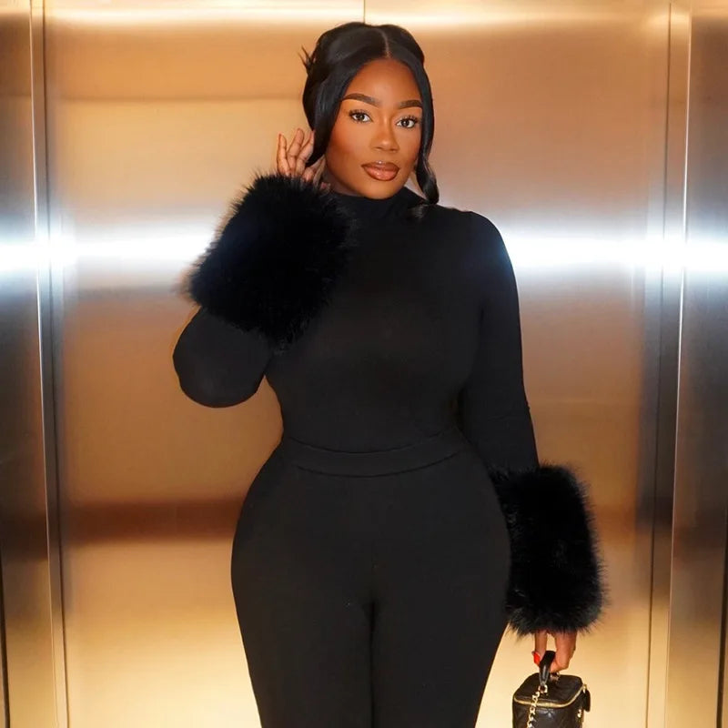 FAGADOER Winter New Sexy Fur Patchwork 2 Pieces Set for Woman Outfits Long Sleeves Bodycon Playsuits + Shorts Female Streetwear