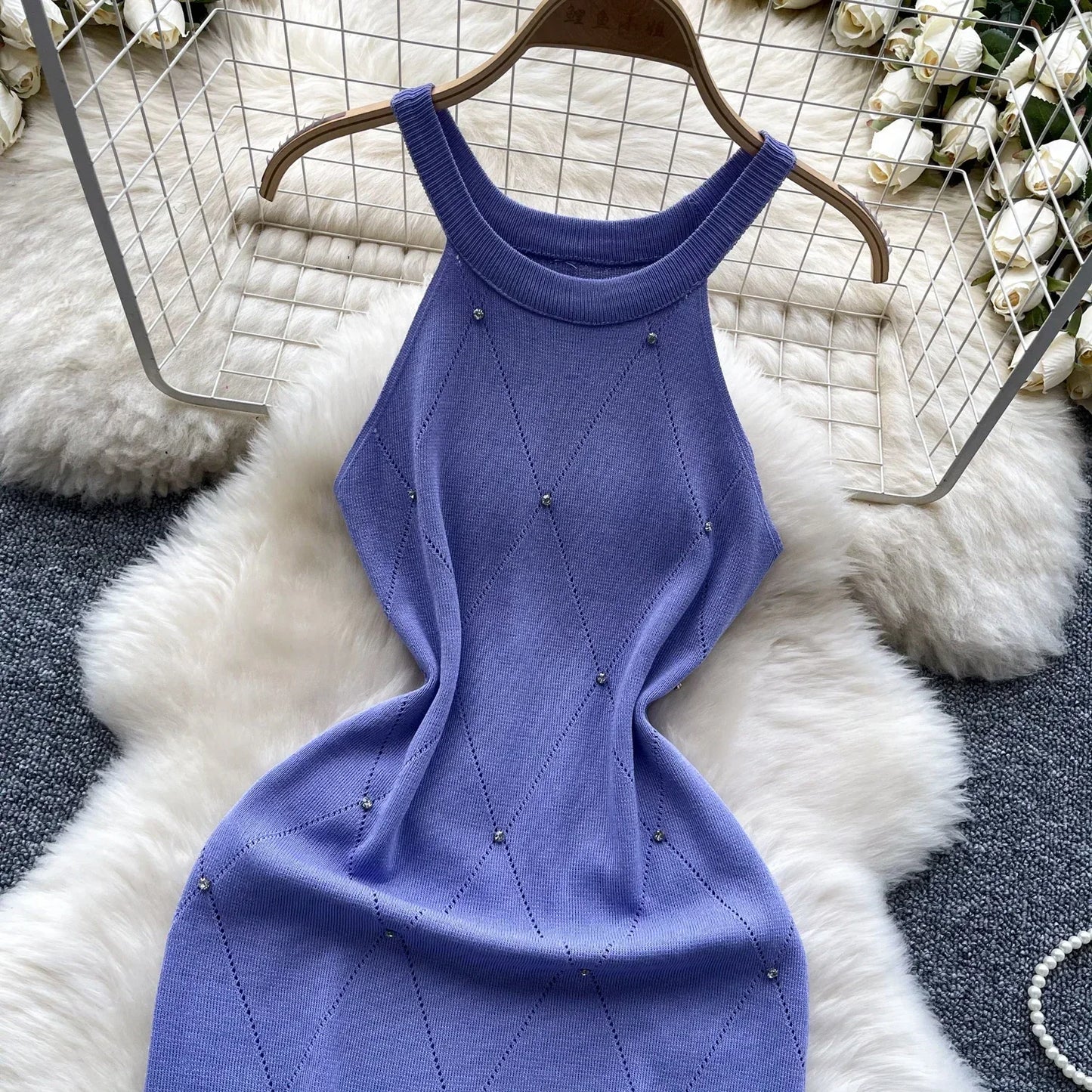 Beading Halter Women's Knitting Sheath Tank Dress Female Bodycon Knitted Camisole Sleeveless Mini Dresses For Woman Outfits