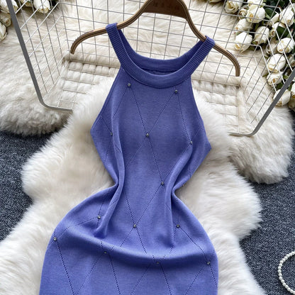 Beaded Halter Knit Bodycon Mini Dress