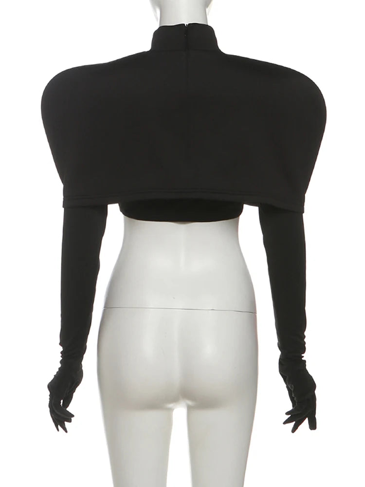 Weird Puss Chic Turtleneck T-Shirt 2-Piece Set Women Classic New Trend Long Gloves+Short Sleeve Crop Tees Fashion Streetwear