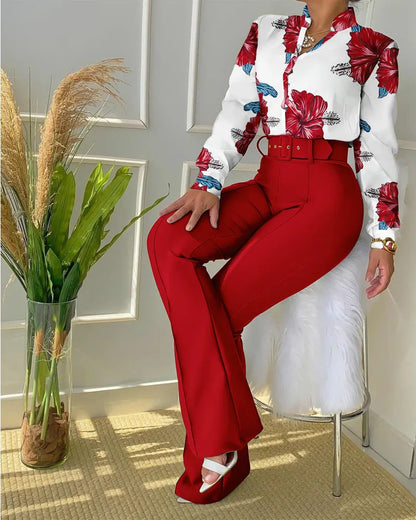 Versatile Casual Button Blouse & Pants Set