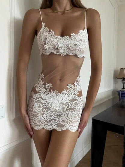 Sheer Mesh Lace Strap Flower Embroidery