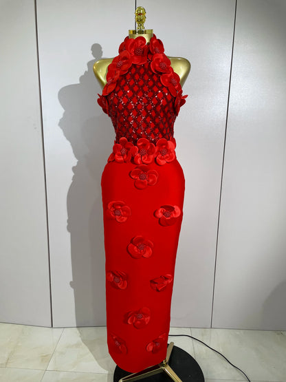 Floral Beaded Mesh Patchwork Bandage Dress
