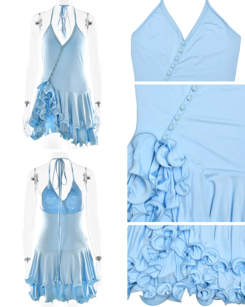 Ruffled V-Neck Button Mini Dress