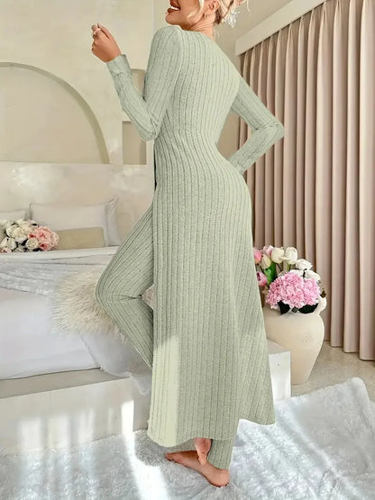 Solid Round Collar Slit Top and Trousers Set