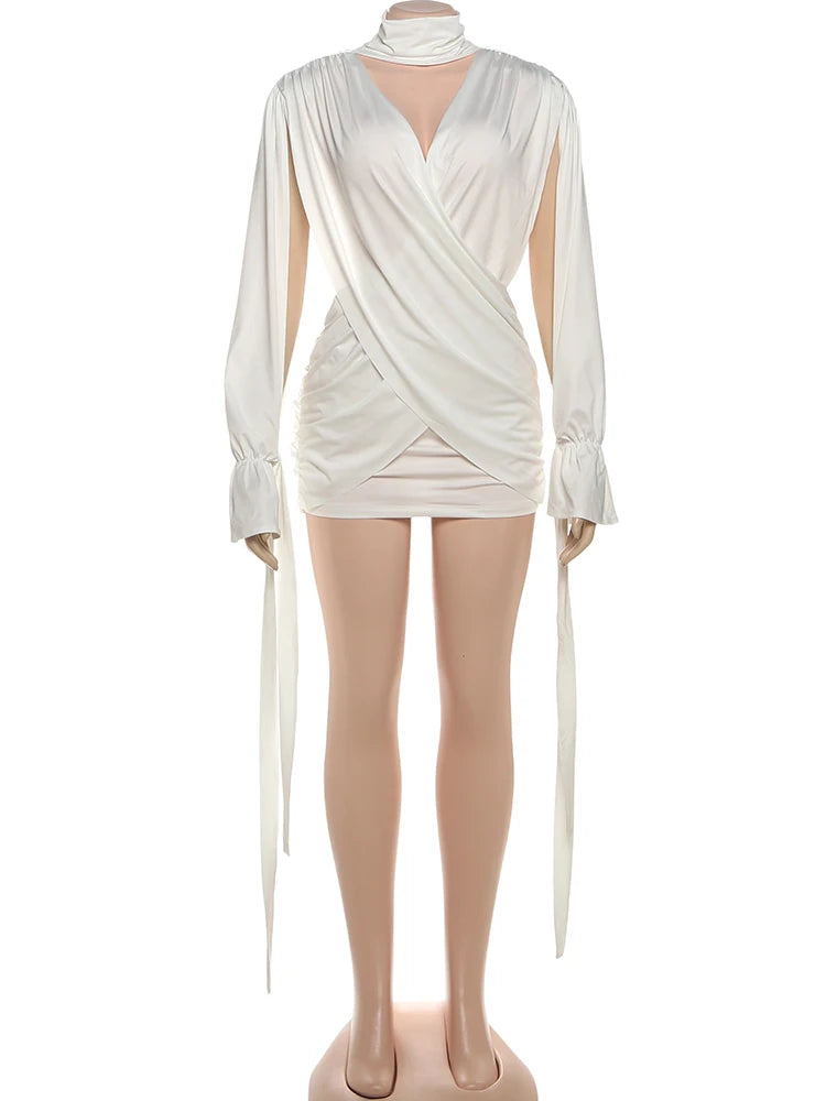 Weird Puss Sexy Halter Dress Women Ribbon Hollow Full Sleeve Cross Ruched Backless Stretch Skinny Midnight Party Club Bodycon