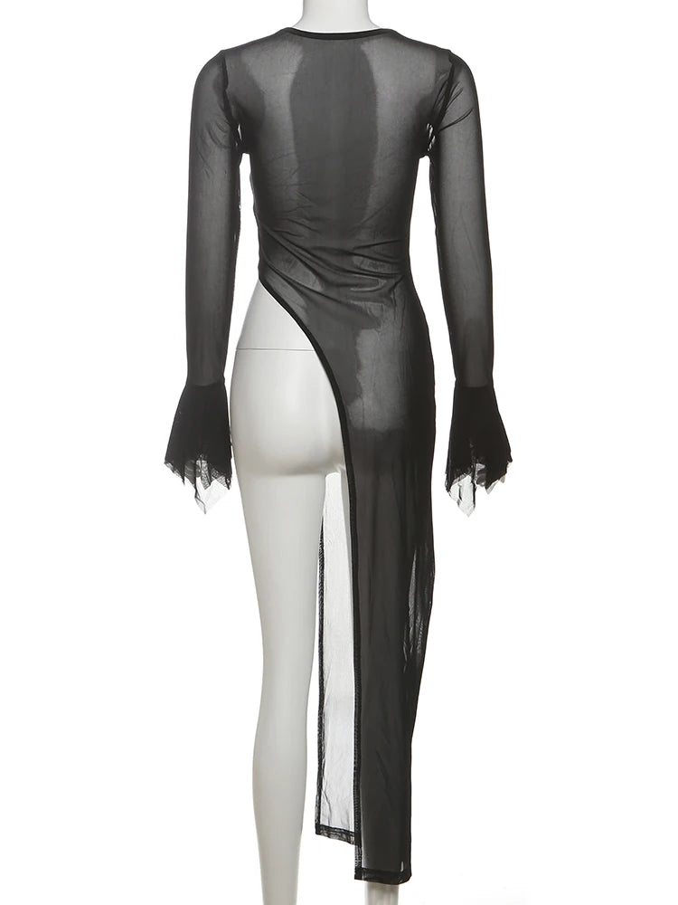 Nibber Irregular Hem t-Shirt Women Patchwork Sexy o-Neck Flared Sleeves Summer Daily Fashion Midnight Skinny Hottie Long Tops