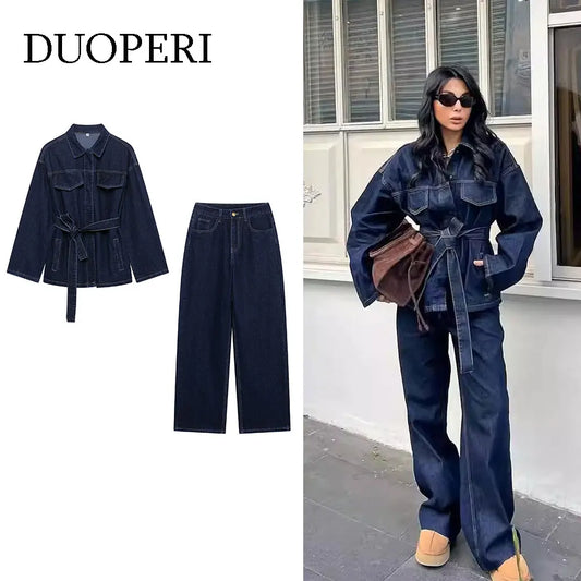 DUOPERI Sets With Belt Denim Jackets