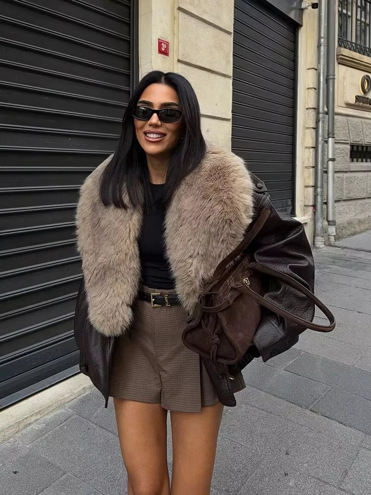 Vintage Faux Fur Collar Faux Leather Jacket