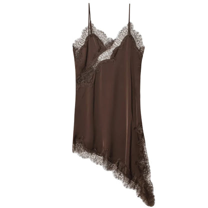 Black Satin Asymmetrical Lace Slip Dress