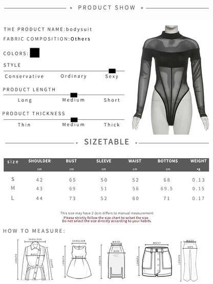 Mesh Patchwork Long Sleeve Sheer Bodysuit