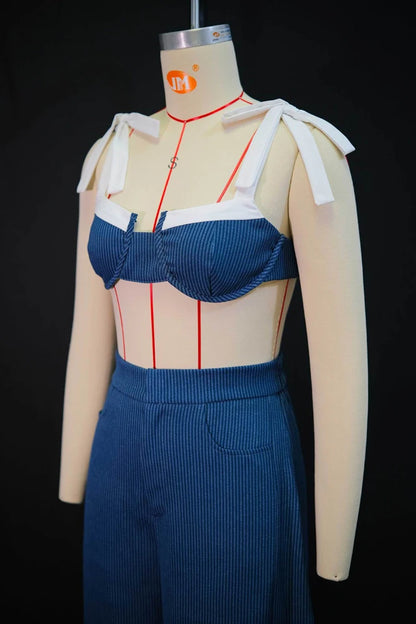 Sets Striped Patchwork Straps Bow Crop