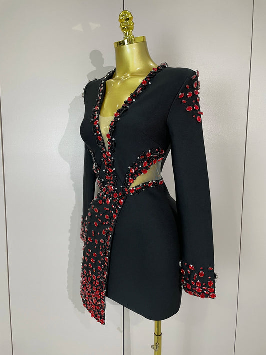 STOCK Women Celebrity Sexy Long Sleeve V Neck Rhinestone Black Bandage Dress Elegant Evening Club Luxury Birthday Party Dresses