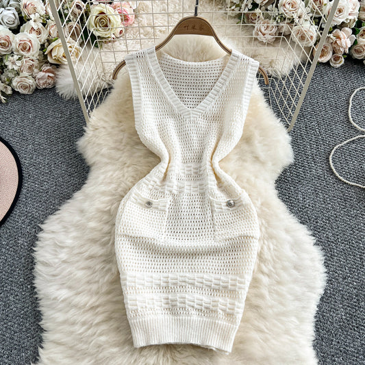 New Crochet Bodycon Basic Knitting Dress Women Sleeveless V Neck Tank Ladies Elastic Waist Temperament Solid Streetwear Dress