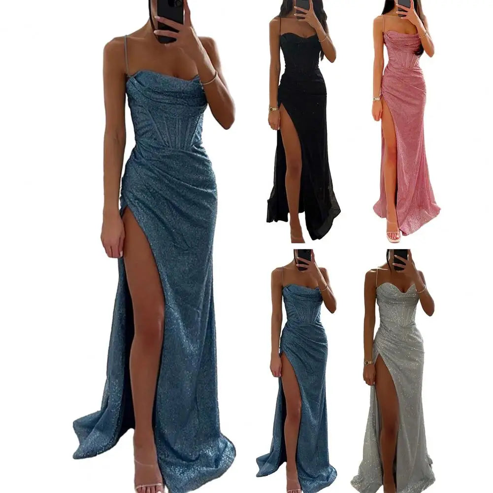 Woman Spring Summer Bodycon Dress Sexy Shiny Sequins Spaghetti Strap Split High Waist Dress Lady Prom Dress Evening Dresses