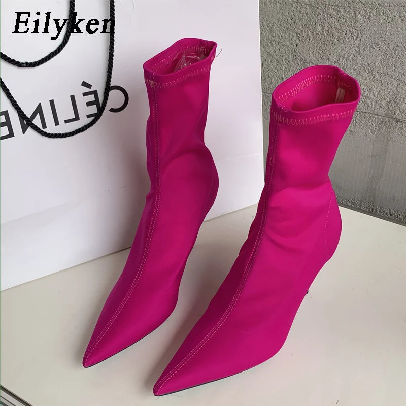 Eilyken Candy Colors Stretch Fabric Ankle Boots For Women Pointed Toe Fashion  Short Booties Spring Autumn Thin High Heels Shoes