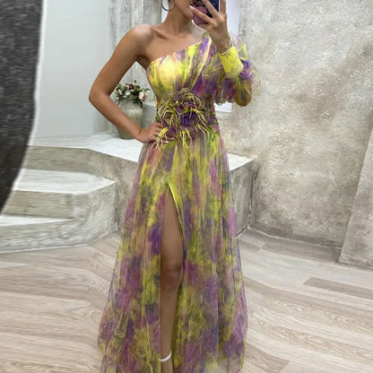 Formal Party Dress One Shoulder Tie-dye