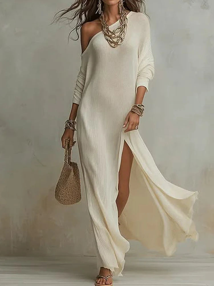 Slash Neck High Slit Maxi Dress
