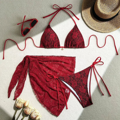Lace Bikinis Swimsuits Three-Piece Swimwear Beach