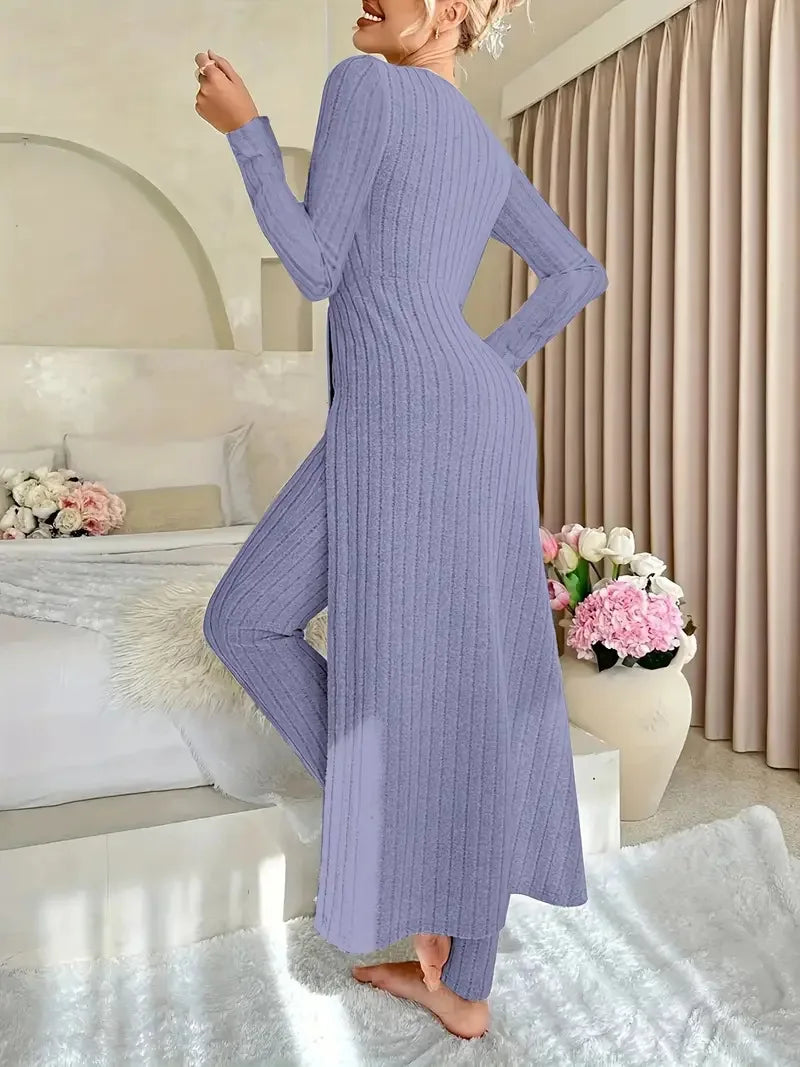 Solid Round Collar Slit Top and Trousers Set