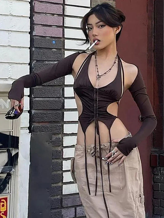 2025 New Dark Y2k Punk Drawstring Bandage Sexy Camis Techwear Backless Long Sleeve Crop Tops Women's Bodycon Summer Streetwear