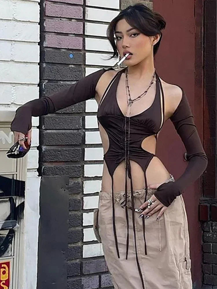 2025 New Dark Y2k Punk Drawstring Bandage Sexy Camis Techwear Backless Long Sleeve Crop Tops Women's Bodycon Summer Streetwear