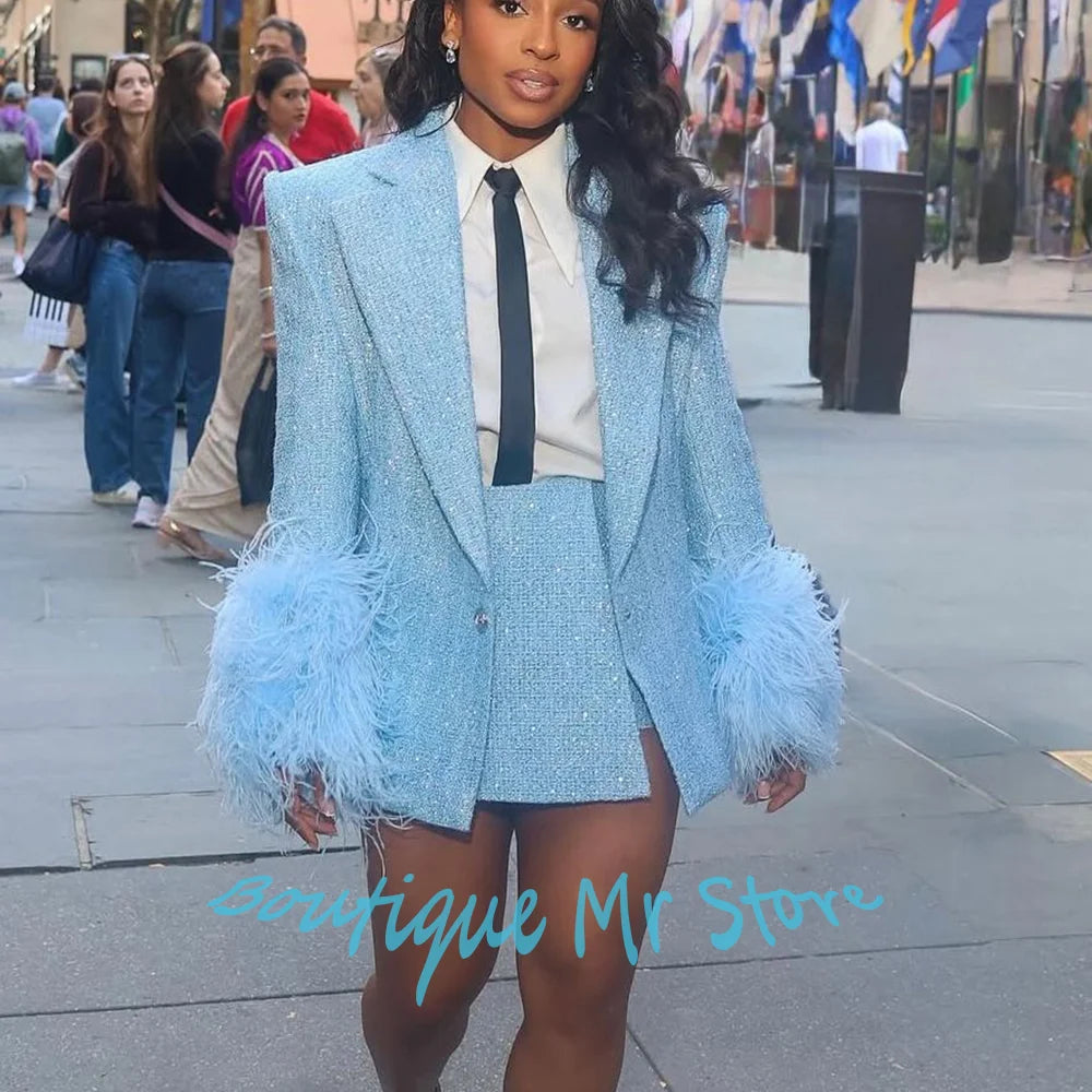 Feather-Cuff Tweed Blazer & Skirt Set