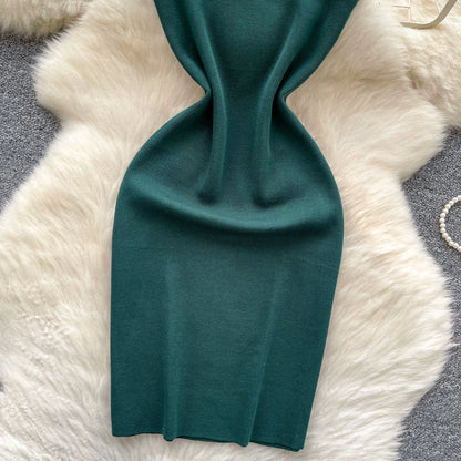Square Neck Knit Button Bodycon Dress