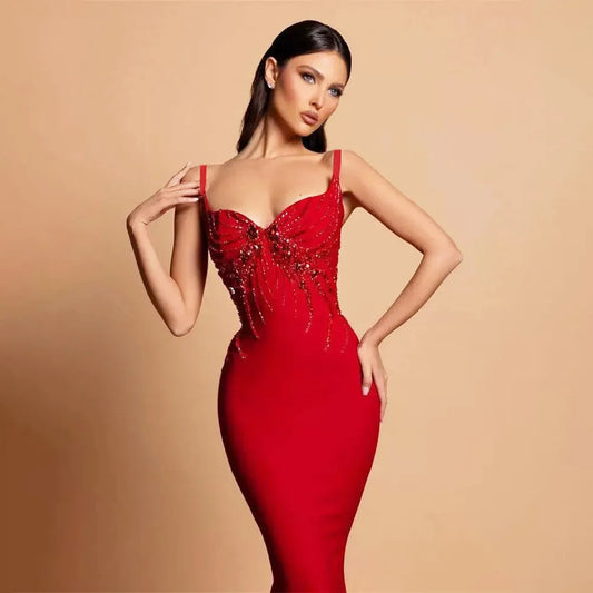 2026 New Women's Sexy Beaded Straps Bandage Dress Luxury Bodycon Gown for Club Party Celebrity Birthday Wedding Guest Elegant