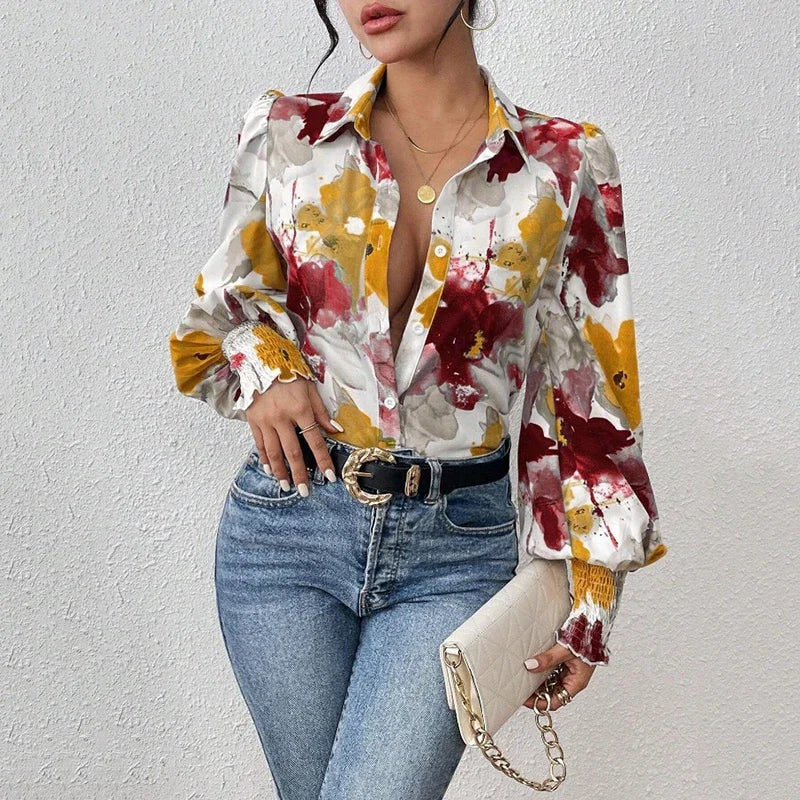 Inked Flower Printed Loose Puff Sleeve