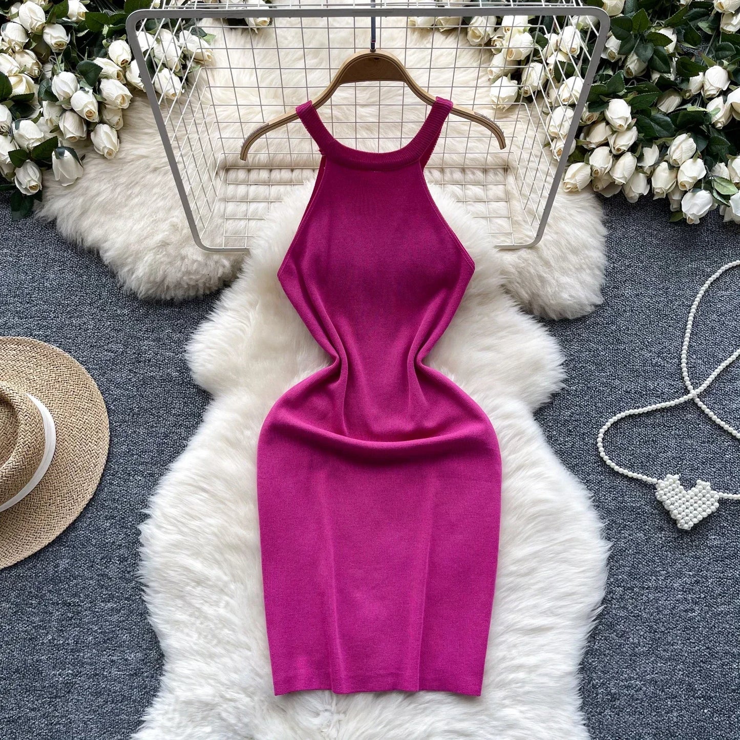 Beading Halter Women's Knitting Sheath Tank Dress Female Bodycon Knitted Camisole Sleeveless Mini Dresses For Woman Outfits