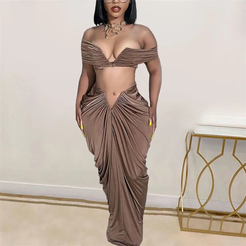 Sexy Party Night Ruched Maxi Dress Sets for Women Two Piece Set Sexy Club Outfits Slash Neck Crop Top + Long Skirt Matching Sets