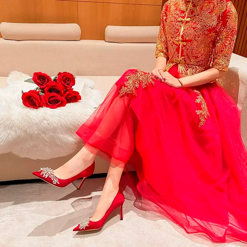 2024 Spring Summer Autumn New Wedding Shoes Red High Heels  Slim Heels Korean Version Pointed Toe Bride Shoes High Heels