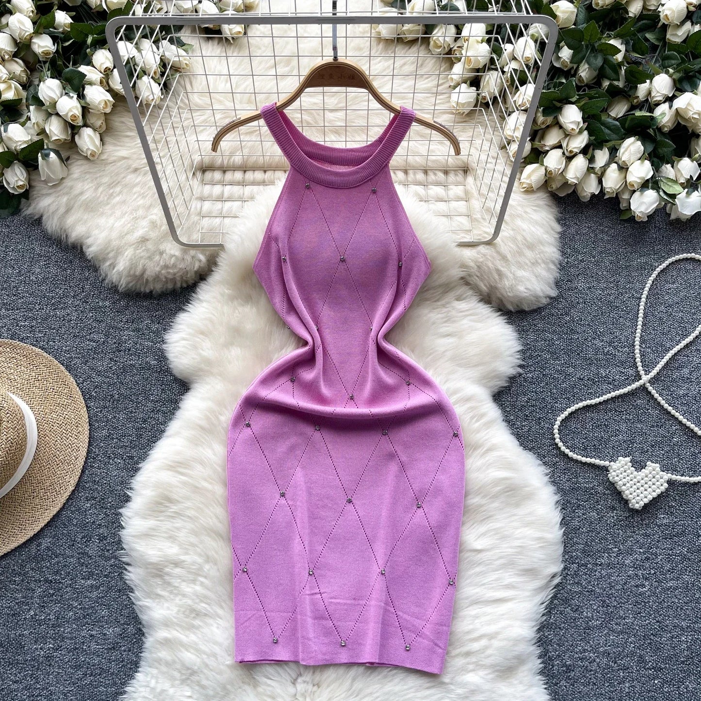 Beading Halter Women's Knitting Sheath Tank Dress Female Bodycon Knitted Camisole Sleeveless Mini Dresses For Woman Outfits