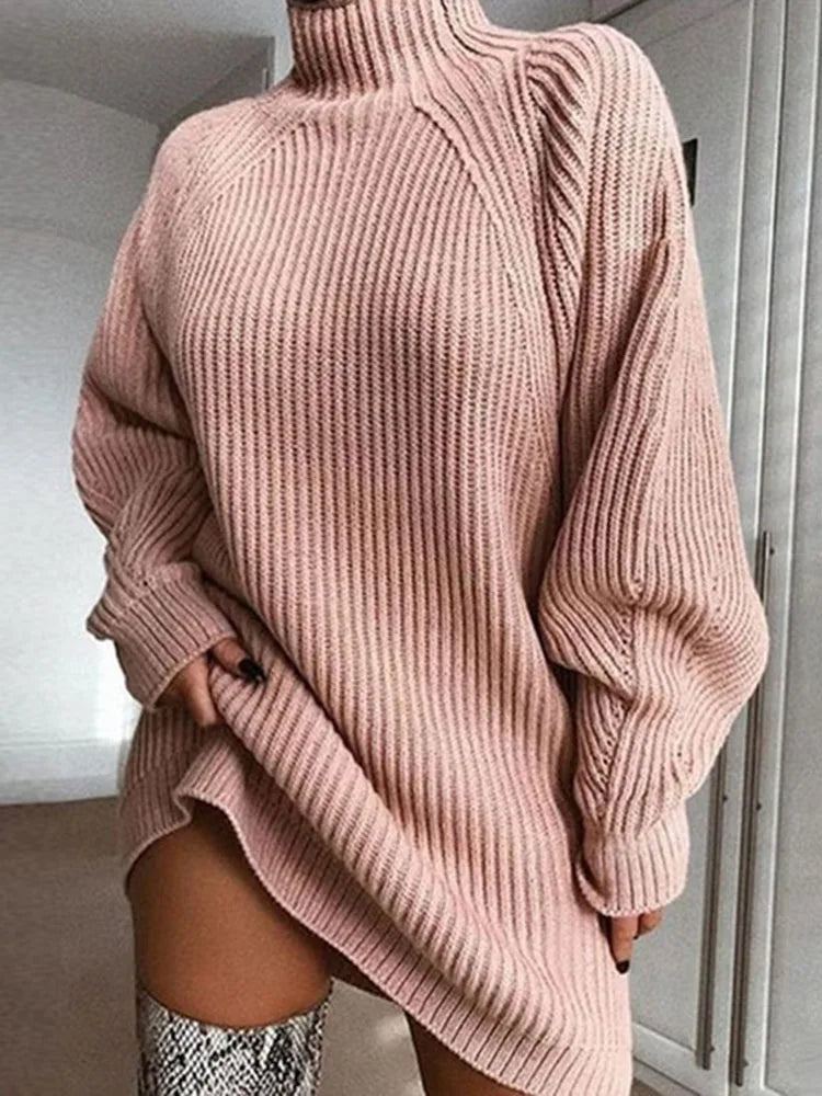 Turtleneck Oversized Knitted Dress Solid Long