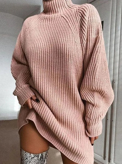 Turtleneck Oversized Knitted Dress Solid Long