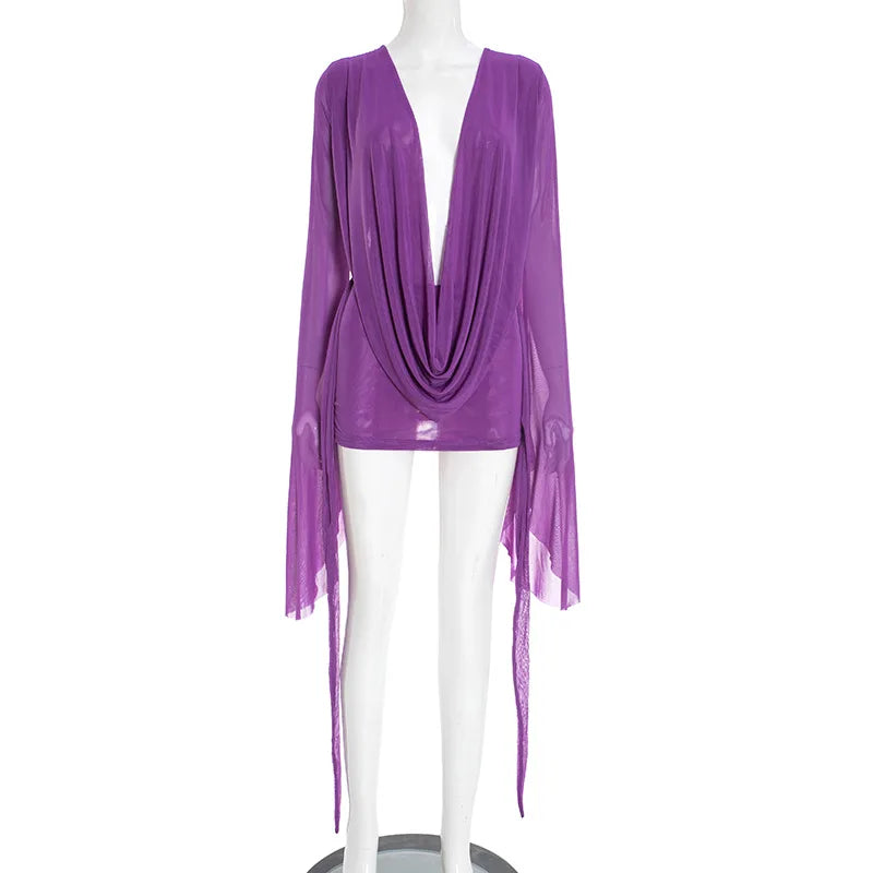 Women Sexy See Through Mesh Mini Dress Deep V-neck Lace Up Backless Flare Long Sleeve Ribbon Party Clubwear Holiday Outfits