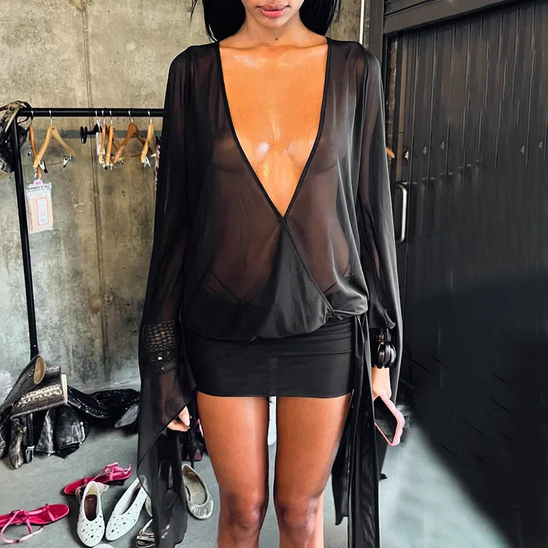 Women Sexy See Through Mesh Mini Dress Deep V-neck Lace Up Backless Flare Long Sleeve Ribbon Party Clubwear Holiday Outfits