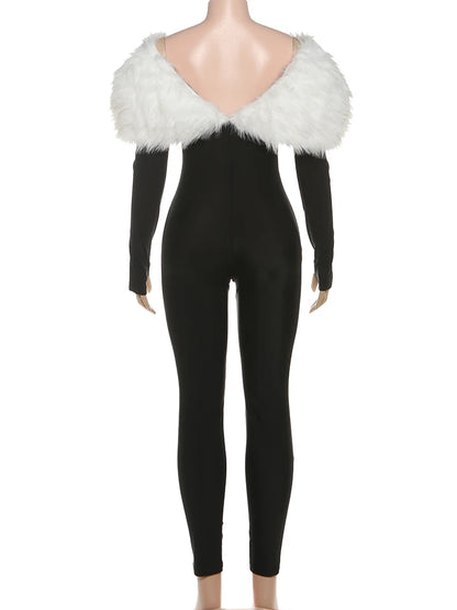 Feather Trim Slash Neck Jumpsuit