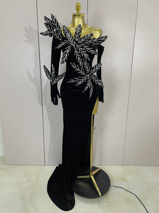 Shiny Diamond Velvet Side Slit Floor