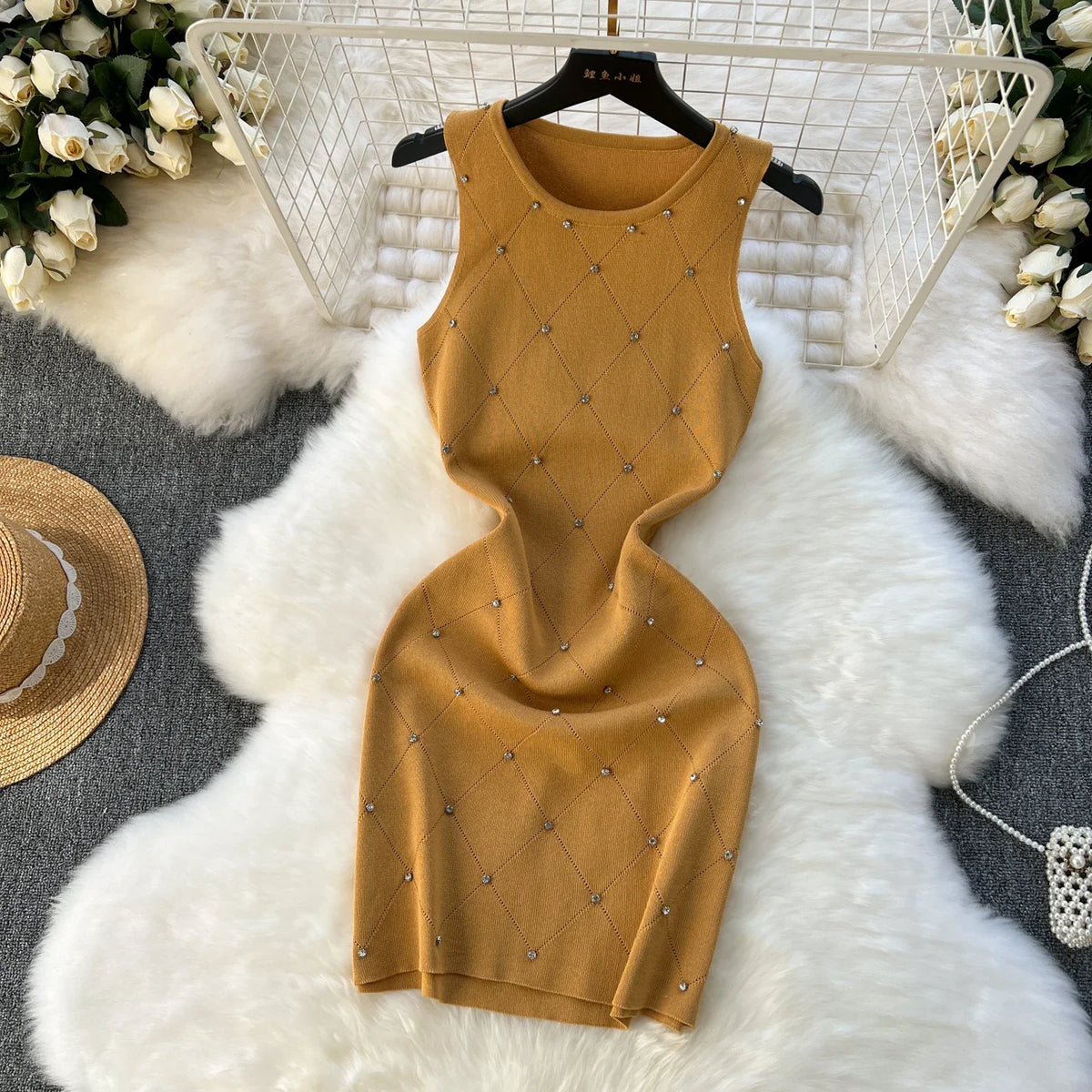 Beading Knitting Sheath Tank Dress Bodycon