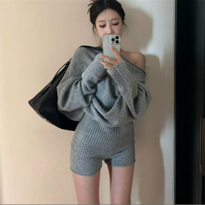One-Shoulder Sweater & Mini Shorts Set