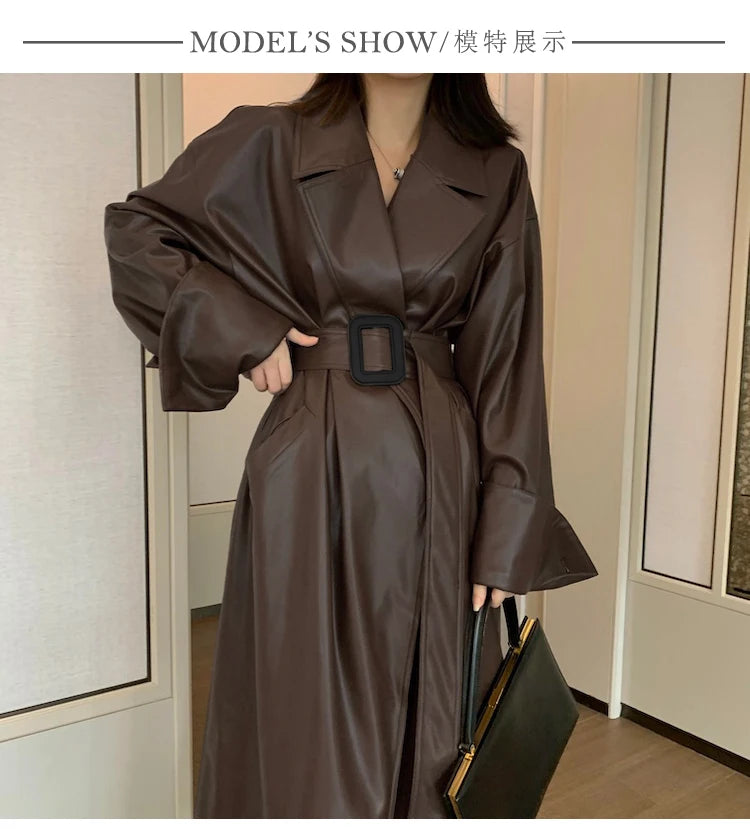 Lautaro Long oversized leather trench coat for women long sleeve lapel loose fit Fall Stylish black women clothing streetwear