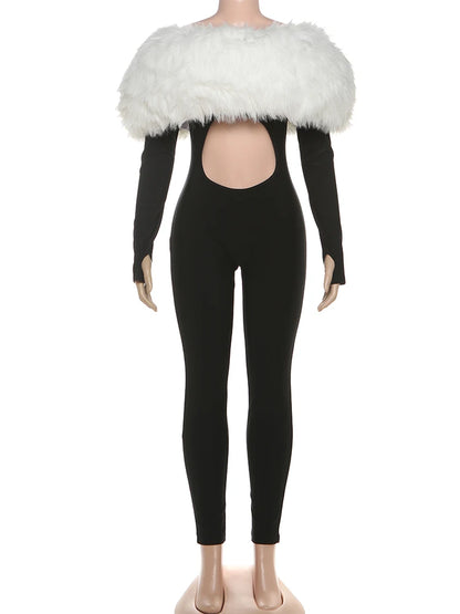 Feather Trim Slash-Neck Jumpsuit