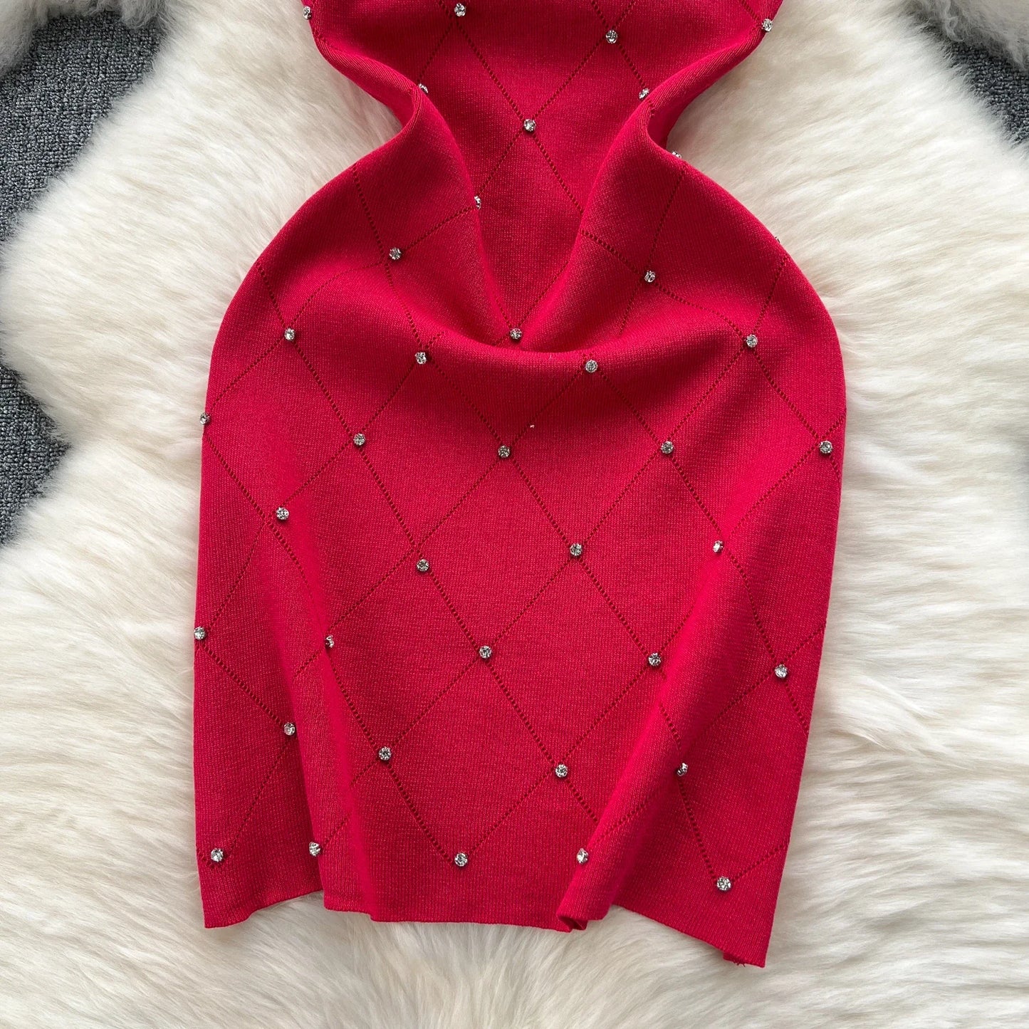 Beading  Summer Women's Knitting Sheath Tank Dress Female Bodycon Knitted Camisole Sleeveless Mini Dresses For Woman Outfits