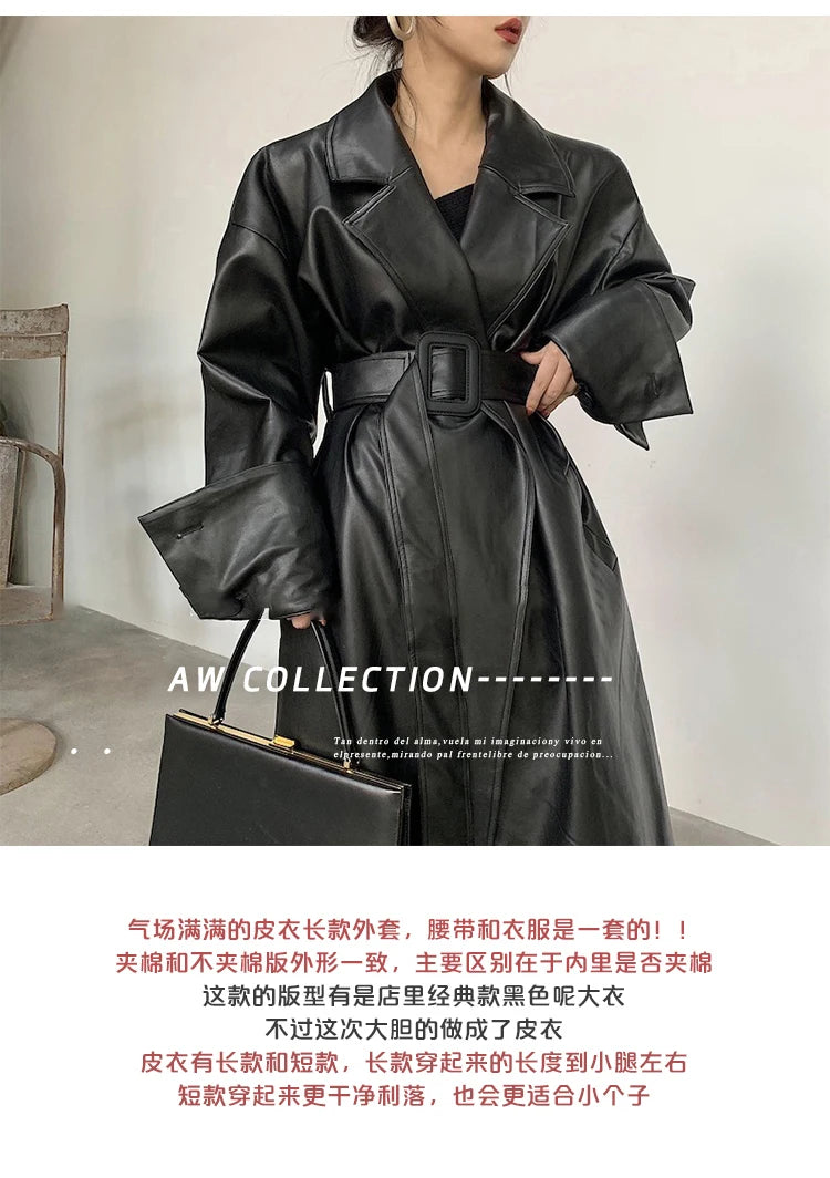 Lautaro Long oversized leather trench coat for women long sleeve lapel loose fit Fall Stylish black women clothing streetwear
