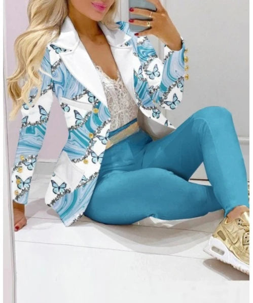 Printed Belted Blazer Pant Set