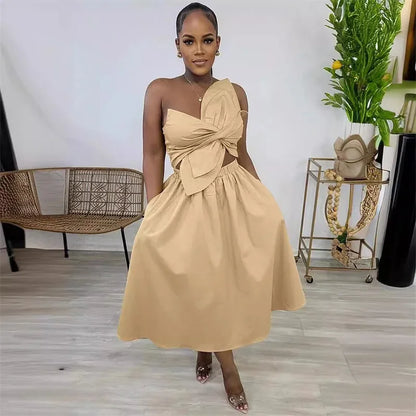 Draped Bow Strapless A-Line Maxi Dress