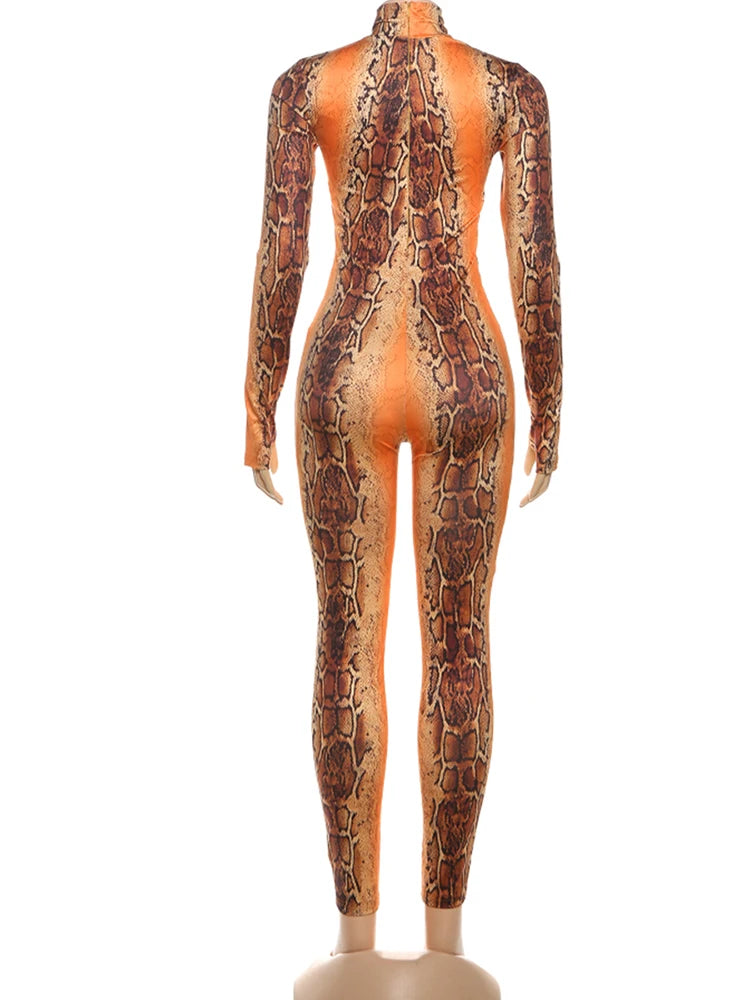 Weird Puss Snake Print Jumpsuit Woman Sexy Cirque Hollow Full Sleeve Skinny Fitness Midnight Clubwear Party Coquette Overalls