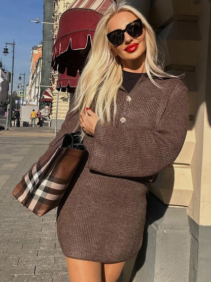 DGLUKE Burgundy Knitted Cardigan And Skirt